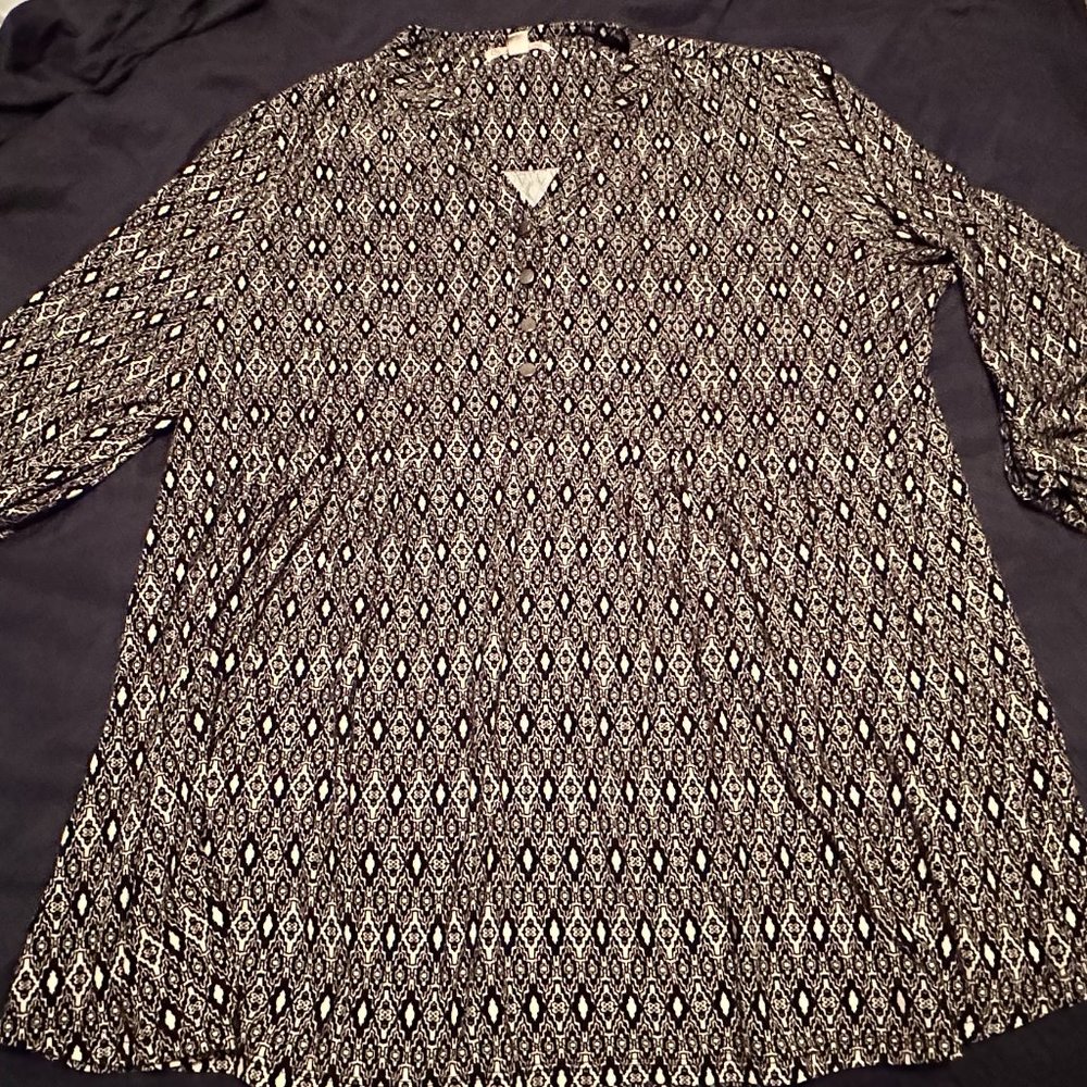 Dress Barn Popover Top Plus size 2X Black White Print 3/4 Sleeves